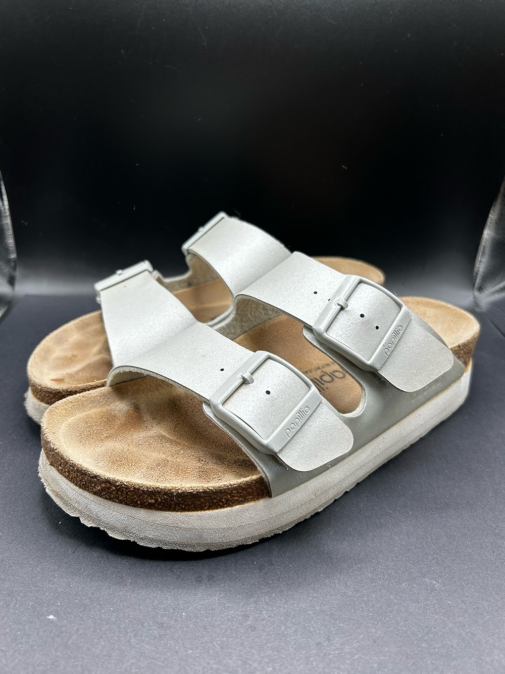 Papillio Birkenstock Arizona Platform Slide Sandals Light Silver US 6 EU 37